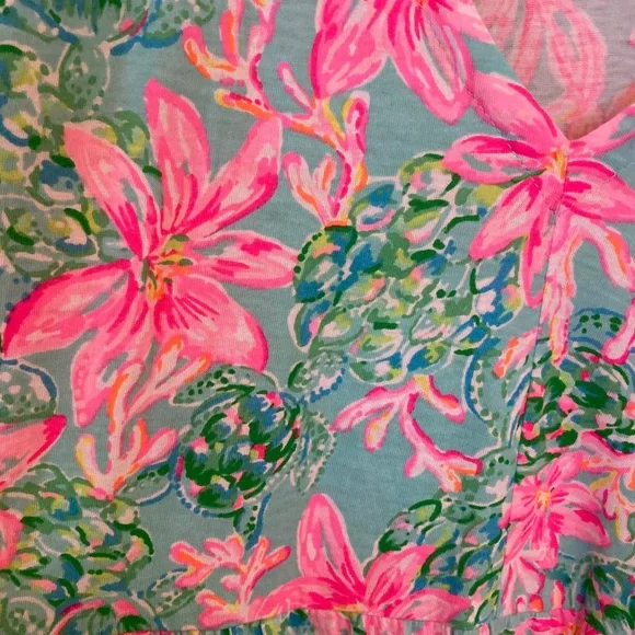 Lilly Pulitzer Green & Hot Pink Floral Flutter-Sleeve Tiered Dress - Picture 3 of 10